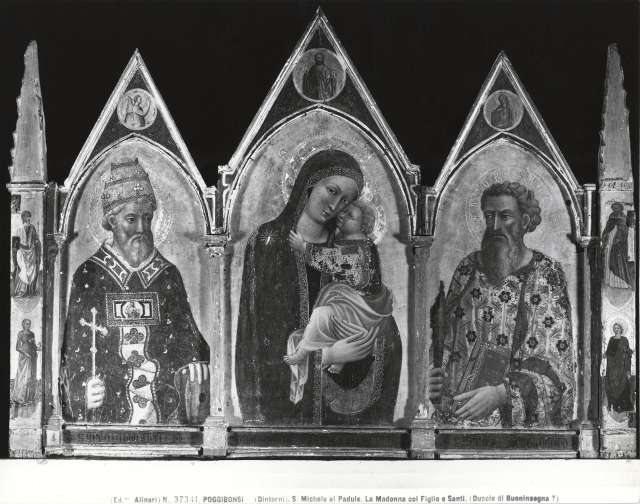 Alinari, Fratelli — Poggibonsi (dintorni) S. Michele al Padule. La Madonna col Figlio e Santi. (Duccio di Buoninsegna?) — insieme
